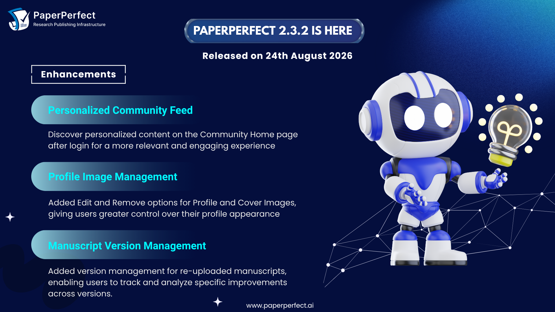 PaperPerfect Version 2.3.2: Personalized Feed, Profile Management & Manuscript Versioning
